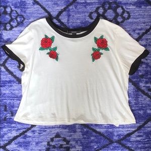 Embroidered rose ringer crop top tshirt